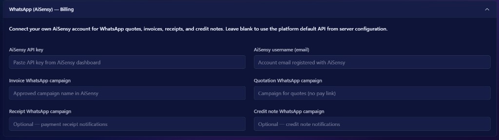 WhatsApp (AiSensy) Billing settings