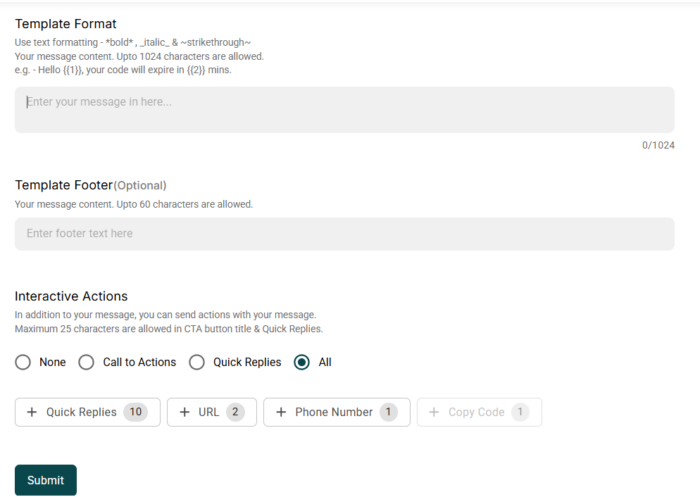AiSensy Template Format, Footer, and Interactive Actions