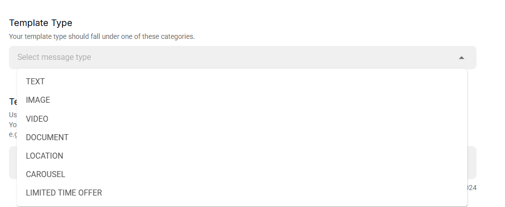 AiSensy Template Type dropdown