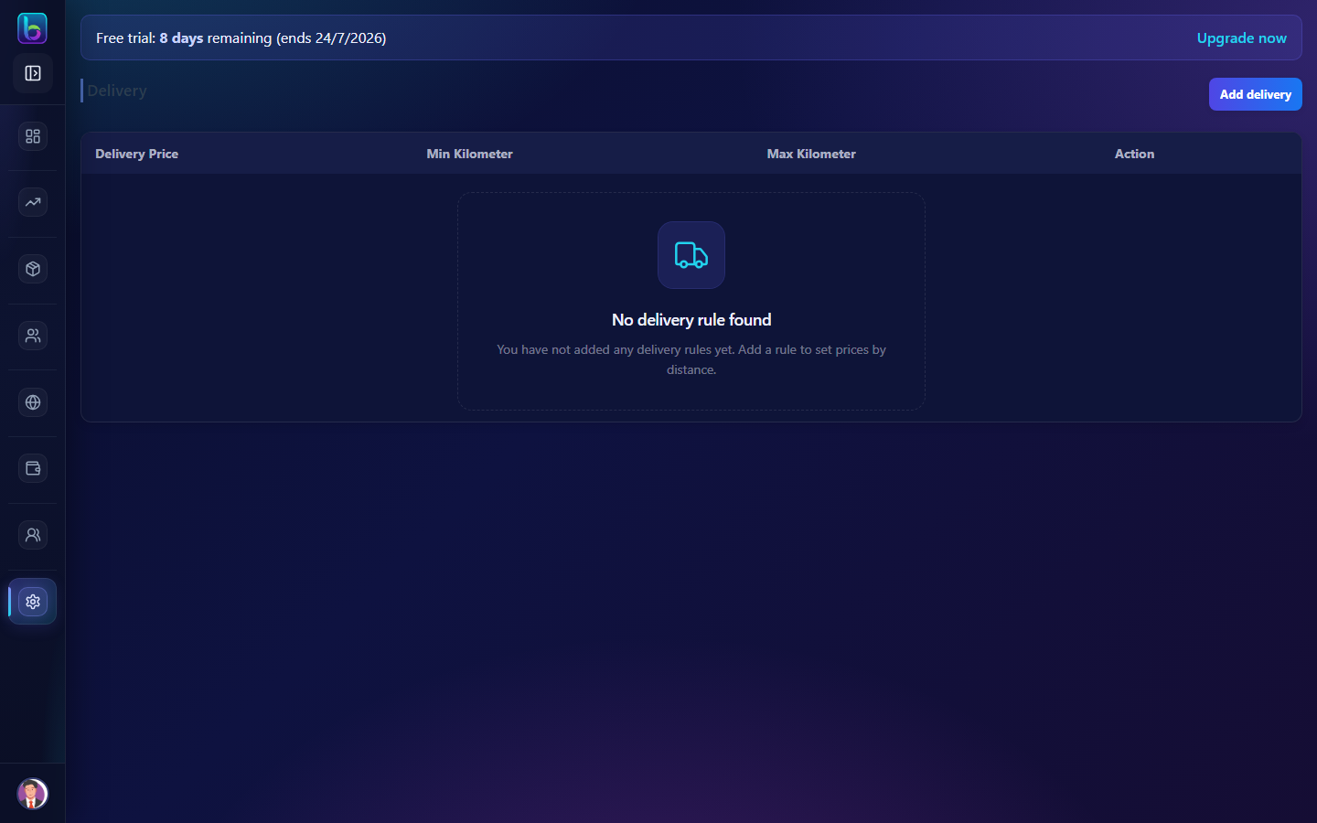 Delivery Settings page