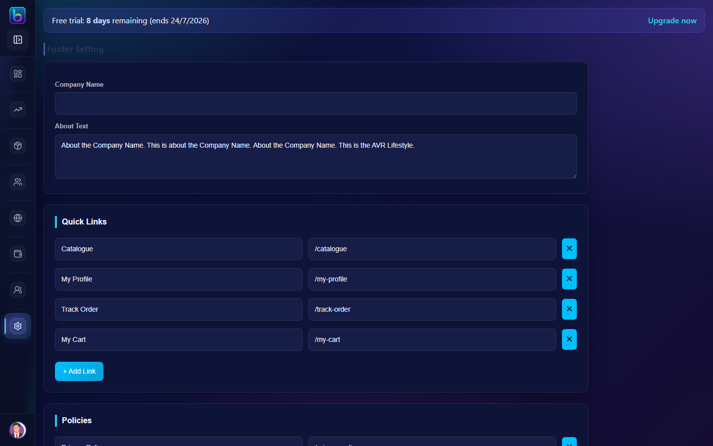 Footer Settings page
