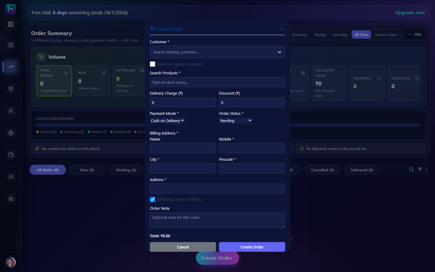 Create Order modal
