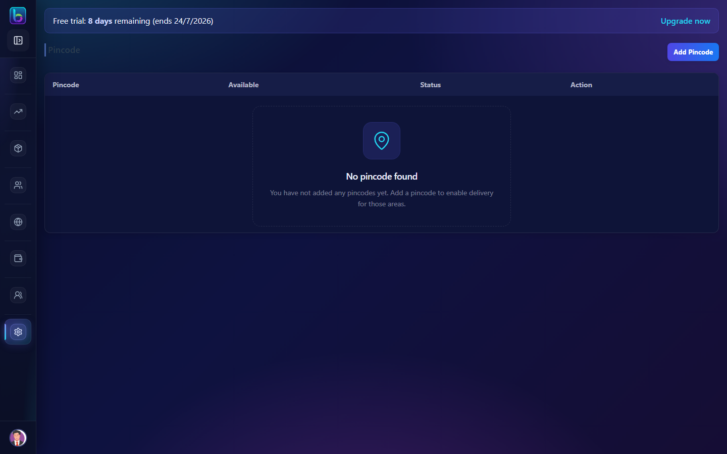 Pincode Settings page