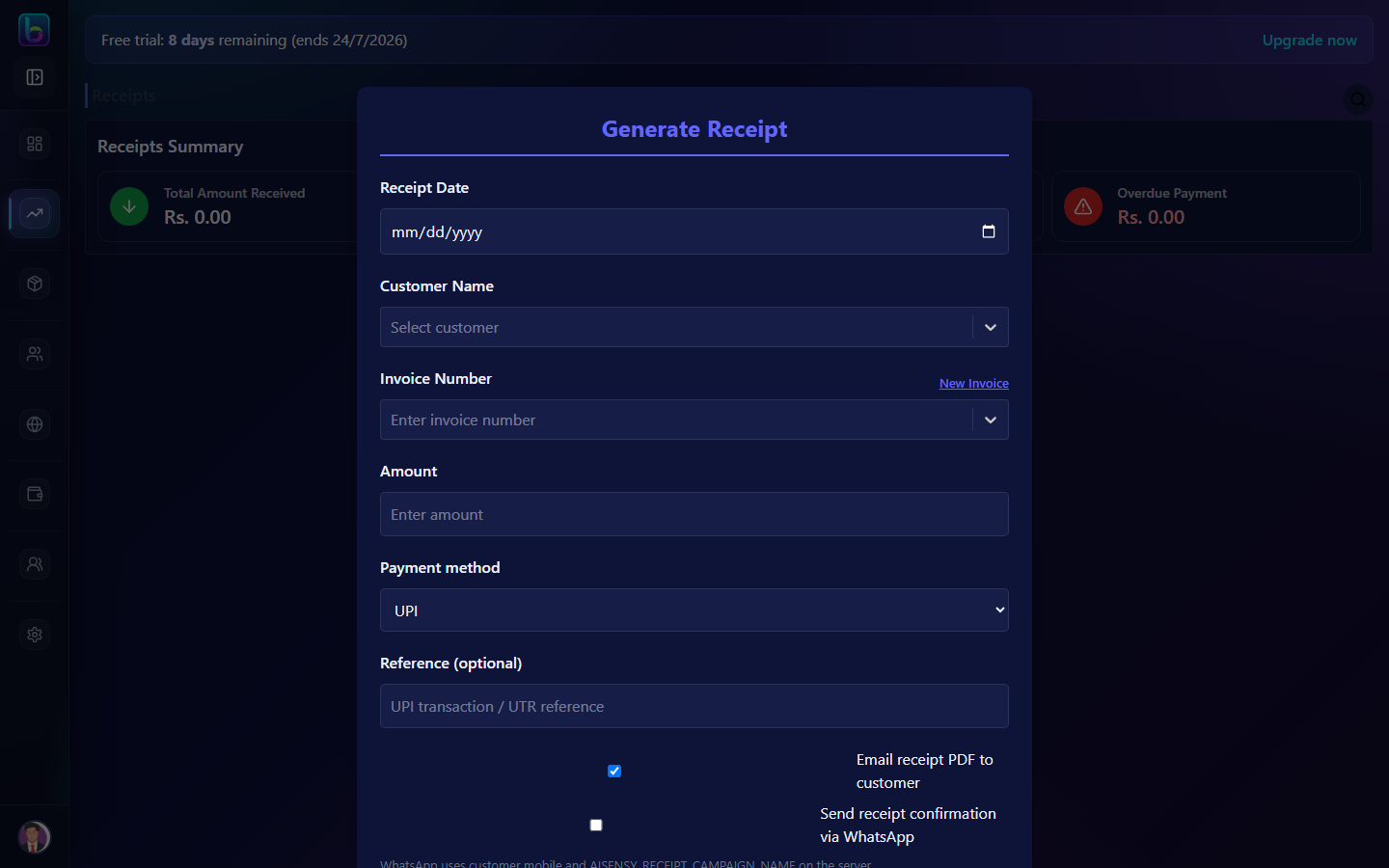 Create Receipt modal