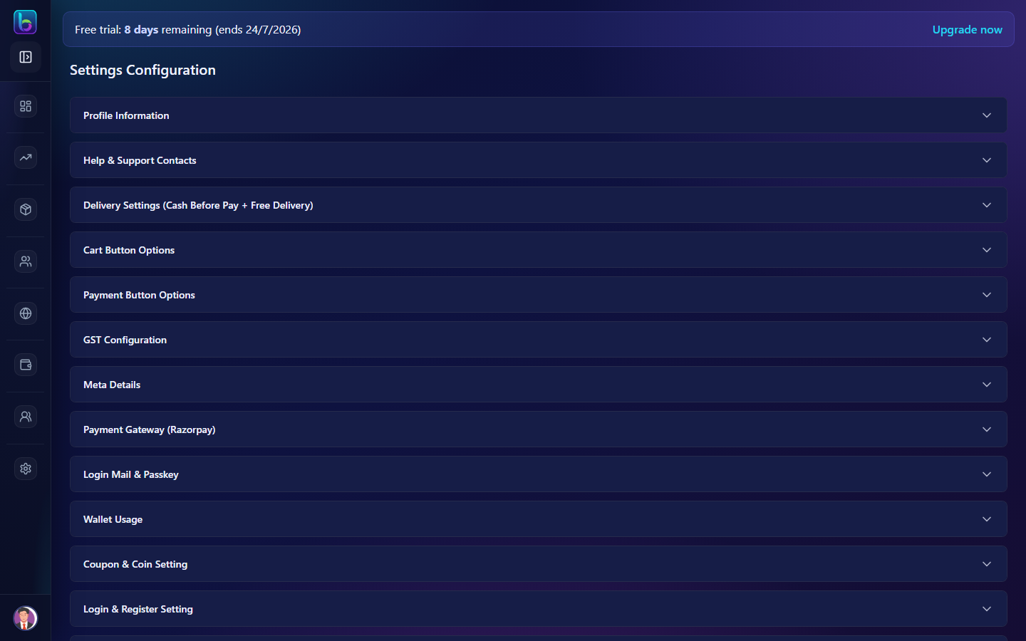 Settings page
