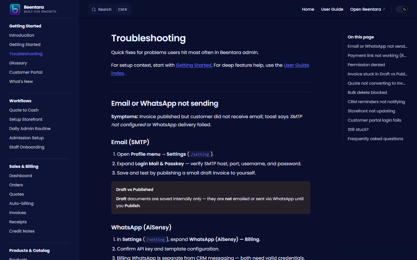 troubleshooting page
